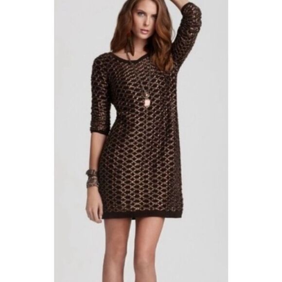 Free People New Romantics Joan of Arc knit tunic dress sweater copper thread XS - Picture 1 of 11